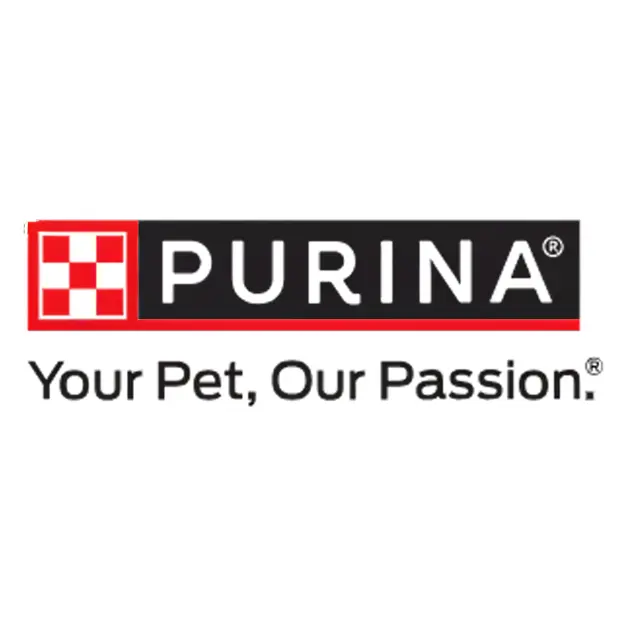 Purina logo with a red and white checkerboard square next to the word PURINA in white letters on a black background; below, the slogan reads, Your Pet, Our Passion.