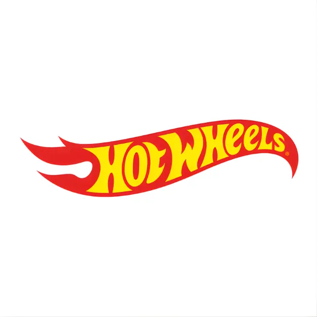 The Hot Wheels logo in yellow stylized text outlined in red, set inside a red flame shape on a white background.