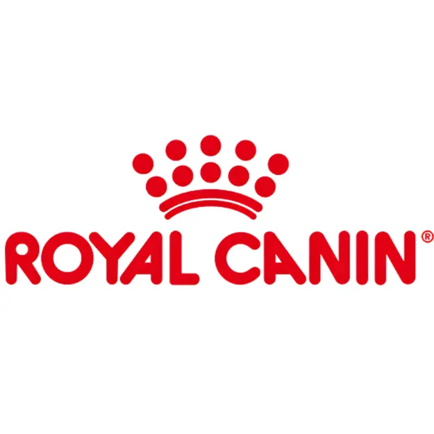 The Royal Canin logo features the brand name in bold red letters with a crown-like design of red dots above the text, all on a white background.